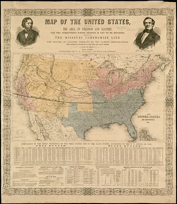Map of the United States, showing by colors the area of freedom and slavery, and the territories whose destiny is yet to be decided