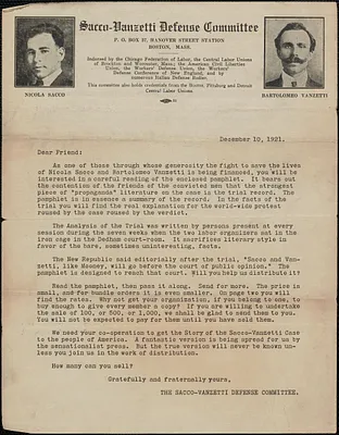 Sacco-Vanzetti Defense Committee typed letter (circular), Boston, Mass., December 10, 1921