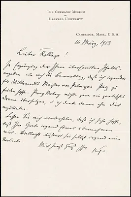 Francke, Kuno, 1855-1930 autograph letter signed to Hugo Münsterberg, Cambridge, Mass., 16 March 1913