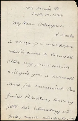 Royce, Josiah, 1855-1916 autograph letter signed to Hugo Münsterberg, Cambridge, Mass., 14 September 1892
