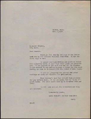 Mary Donovan (Sacco-Vanzetti Defense Committee) typed note (copy) to Margaret Shipman, Boston, Mass., November 2, 1927