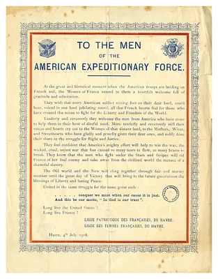 To the Men of the American Expeditionary Force from the Ligue Patriotique des Francaises, Du Havre