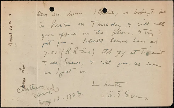 Elizabeth G[lendower] Evans autograph note signed to [Fred H.] Moore, Chatham, Mass., August 12, 1923