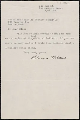 Rebecca Holmes typed note signed to Sacco-Vanzetti Defense Committee, Northhampton, Mass., April 24, [1927]