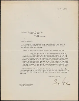 Zona Gale typed letter signed to Citizens National Committee [for Sacco and Vanzetti], Portage, Wis., [August 22, 1927]