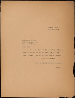 Sacco-Vanzetti Defense Committee typed note (copy) to Whitehead & Vogel, Boston, Mass., July 15, 1927