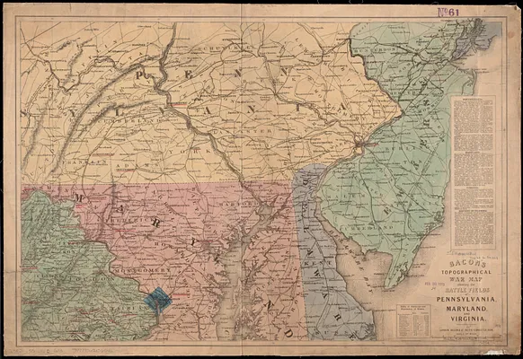Bacon's topographical war map showing the battle fields of Pennsylvania, Maryland, and Virginia