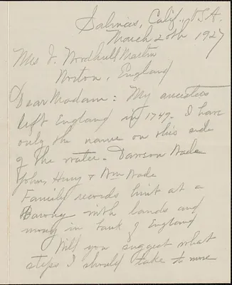 Emma G. Gilmore autograph letter signed to [Victoria] Woodhull Martin, Salinas, Calif., March 20, 1927