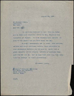 [Thomas O'Connor] (Citizens National Committee for Sacco and Vanzetti) typed letter (copy) to Rockwell Kent, Boston, Mass., August 25, 1927