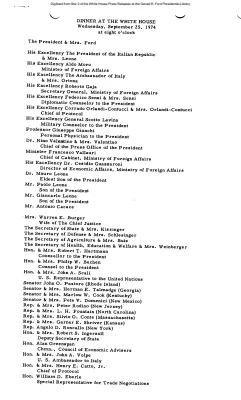 Dinner at the White House, Wednesday, September 25, 1974 at eight o'clock [Guest List]
