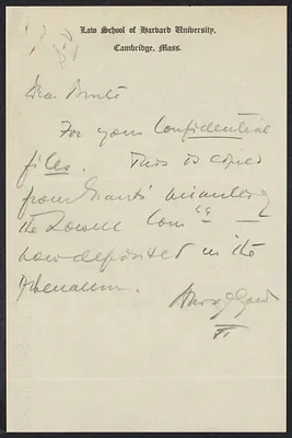 Herbert Brutus Ehrmann Papers, 1906-1970. Sacco-Vanzetti. Correspondence of HBE, junior counsel for the defense, Sacco - Vanzetti Advisory Committee Hearing July 14, 1927. Examination of Mr. Katzmann. Attached to this is undated note by FF to HBE. Box 15, Folder 22, Harvard Law School Library, Historical & Special Collections