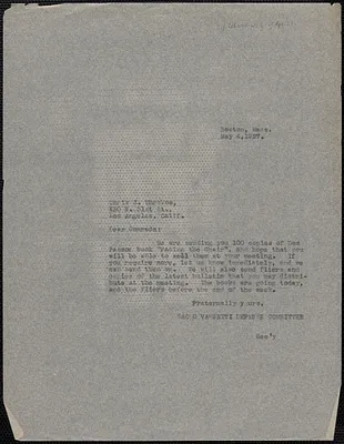 Sacco-Vanzetti Defense Committee typed note (copy) to Chris J. Uhrskow, Boston, Mass., May 4, 1927