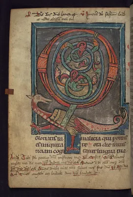 Inhabited initial ""Q"" (Quid gloriaris) with winged dragon