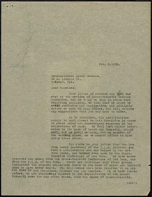 Sacco-Vanzetti Defense Committee typed letter (copy) to International Labor Defense, Boston, Mass., November 5, 1926