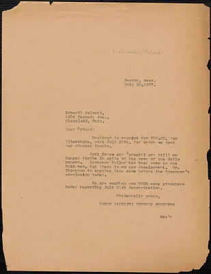 Sacco-Vanzetti Defense Committee typed letter (copy) to Dominic Palombi, Boston, Mass., July 25, 1927