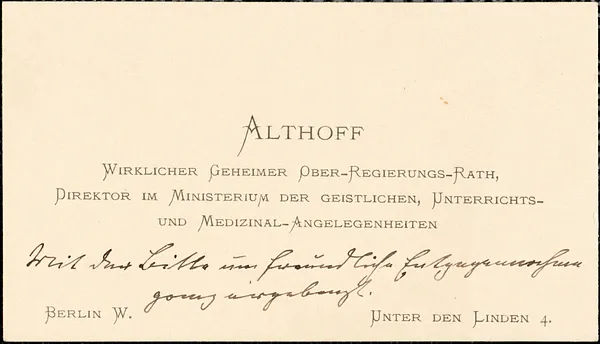 Athoff, Friedrich, 1839-1908 autograph printed card to Hugo Münsterberg, [Germany], May 1905