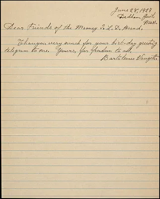 Bartolomeo Vanzetti autographed note signed to Mooney I.K.D. Branch, Chicago, [Dedham], 1927 June 28