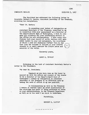 Press Release, Correspondence Between President Harry S. Truman and Herbert E. Gaston
