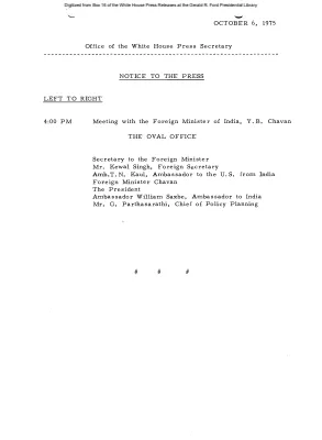 Participants of Meeting with Foreign Minister Y.B. Chavan of India [Meeting Attendee List]