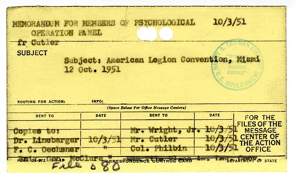 Correspondence Control Card re Memorandum for Members of Psychological Operation Panel from Brig. Gen. Robert Cutler, with Attachments