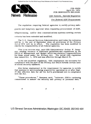GSA Extends, Amends Regulation For Federal ADP Procurement [Notice to Press]