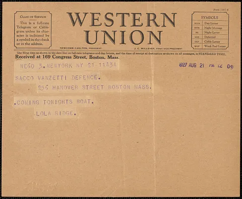 Lola Ridge telegram to Sacco-Vanzetti Defense Committee, New York, N.Y., August 21, 1927