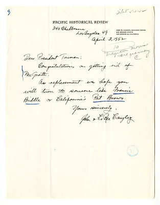 Letter from John and LaRee Caughey to President Harry S. Truman