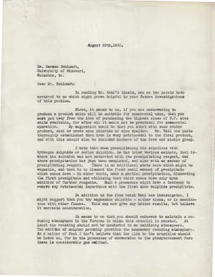 Letters Sent to Dr. Herman Schlundt, August 29, 1930