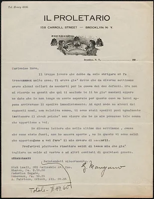G. Mangano (Il Proletario) typed letter signed, in Italian, to Joseph Moro, Brooklyn, N. Y., [September 1927?]