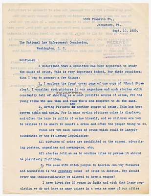 Letter from J. M. Blough to the National Law Enforcement Commission Requesting Legislation to Restrict the Purchase of Firearms