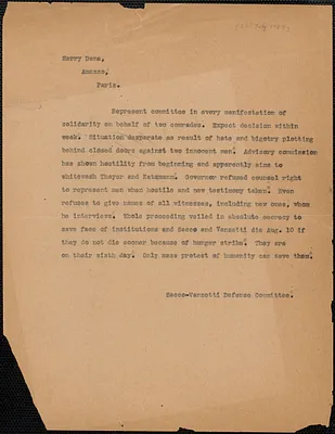 Sacco-Vanzetti Defense Committee telegram (copy) to Harry Dana, Boston, Mass., July 22, 1927