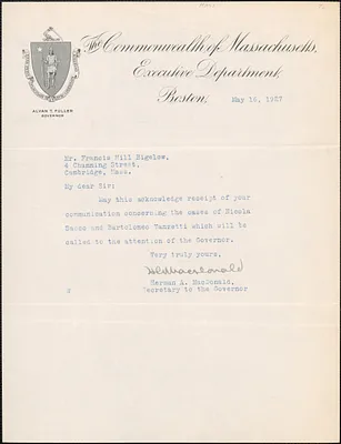 Herman A. MacDonald (Executive Department. Commonwealth of Massachusetts) typed note signed to Francis Hill Bigelow, Boston, Mass., May 16, 1927