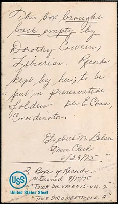Note from “Documents, 1709-1831” Wood Box re: “Town Documents – Vol. 1 and Vol. 2”