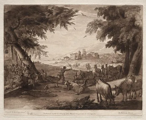 Liber Veritatis:  No. 36, Pastoral Scene with Villagers and a Herd of Oxen and Goats