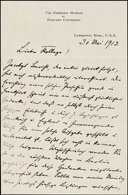 Francke, Kuno, 1855-1930 autograph letter signed to Hugo Münsterberg, Cambridge, Mass., 30 May 1912