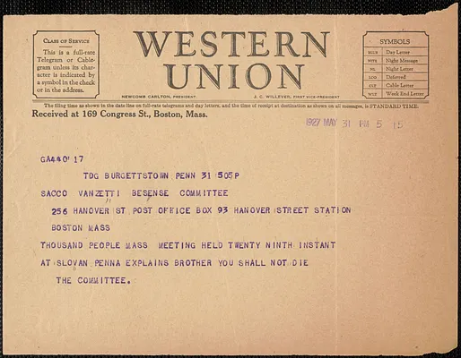The Committee telegram to Sacco-Vanzetti Defense Committee, Burgettstown, Pa., May 31, 1927