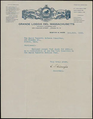 C. F. Ciampa (Ordine Figli D'Italia, Grande Loggia del Massachusetts) typed note signed to Sacco-Vanzetti Defense Committee, Boston, Mass., October 24, 1924