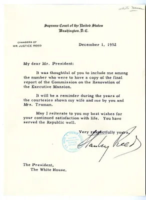 Letter form Justice Stanley Reed to President Harry S. Truman
