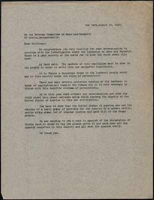 Typed letter to Sacco-Vanzetti Defense Committee, New York, N. Y., August 26, 1927