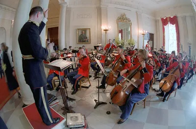 Marine Band in the Entrance Hall at the North Portico during a White House Ceremony and Reception for freed American hostages held in Iran