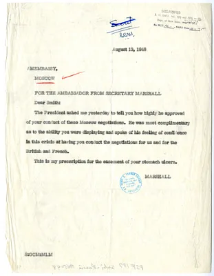 Telegram from Secretary of State George C. Marshall to Ambassador Walter Bedell Smith