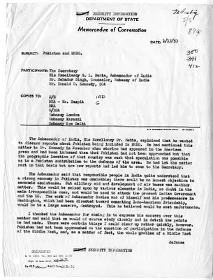 Memorandum of Conversation with Secretary of State Dean Acheson, Ambassador G. L. Mehta of India, Counselor Bahadur Singh of the Embassy of India, and Donald D. Kennedy