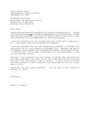 Letter from Dr. Robert J. Kapsch to Professor Mary Sies, Advanced Studies Office Winterthur Museum and Gardens, Providing Copy of Dissertation for Final Round of Comments, September 22, 1993