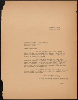 Sacco-Vanzetti Defense Committee typed letter (copy) to International Labor Defense, Boston, Mass., 7 June 1927