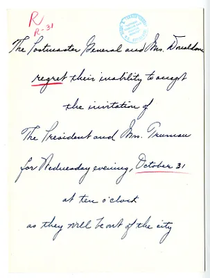 Invitation Reply from Postmaster General and Mrs. Jesse Donaldson to the White House Social Office