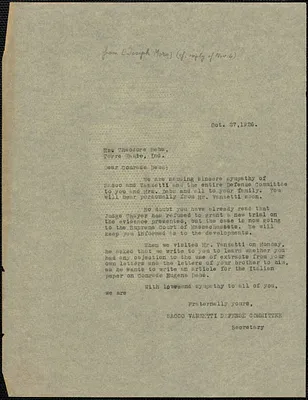 Joseph Moro (Sacco-Vanzetti Defense Committee) typed letter (copy) to Theodore Debs, Boston, Mass., October 27, 1926