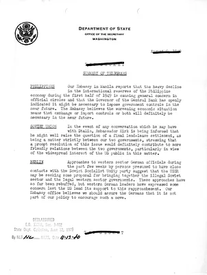 Memorandum, State Department Summary of Telegrams