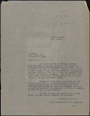 Sacco-Vanzetti Defense Committee typed letter (copy) to I. Bloom, Boston, Mass., May 5, 1927