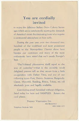 Invitation to Joseph R. Darling with Enclosed Card for a Free Sample from Fresno Vineyards Co., Inc.