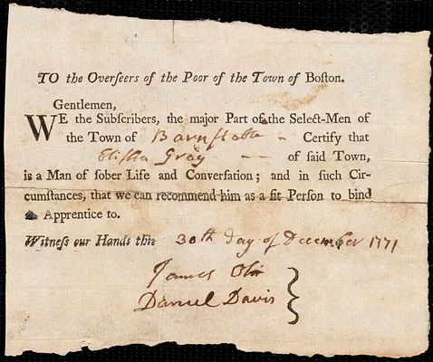 Jane Wiseaker indentured to apprentice with Elisha Gary of Barnstable, 26 December 1771